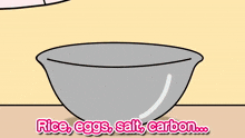 a cartoon of two girls cooking with the words rice eggs salt carbon below them