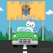 a penguin in a green car is driving under a welcome to new jersey sign
