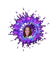 a woman 's face is surrounded by purple flames and a circle that says ' bunny trick ' on it