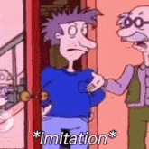 a man in a blue shirt is standing next to a man with glasses and the words imitation written on the bottom