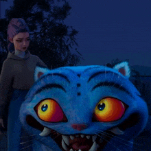 a blue cat with yellow eyes and sharp teeth is standing next to a woman