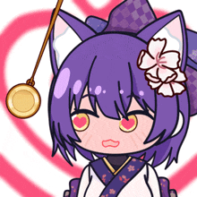 a girl with purple hair and a flower in her hair has a heart in her eyes