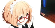 a girl with glasses and a maid 's apron on her head