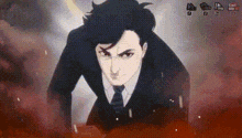 a cartoon of a man in a suit and tie is standing in front of a fire .