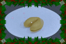a pixel art of a fortune cookie on a plate with a christmas wreath surrounding it .