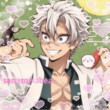 a picture of a man with hearts around him and the name sanami 3bea on the bottom