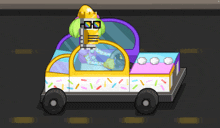 a cartoon character is driving a car with sprinkles on the side