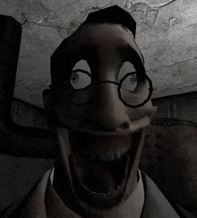 a cartoon character with glasses is smiling with his mouth open