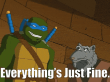 a teenage mutant ninja turtle and a splinter are standing next to each other with the caption everything 's just fine