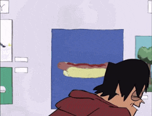 a cartoon of a man looking at a hot dog