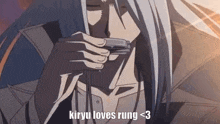 a man with long white hair is holding a harmonica and says kiryu loves rung < 3 on the bottom