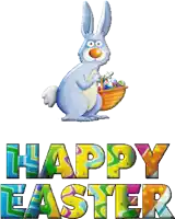 a bunny is holding a basket of easter eggs and the words happy easter are below it