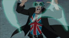 a cartoon character wearing a british flag shirt and sunglasses