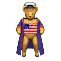 a teddy bear wearing a purple coat and a hat has an american flag on his chest