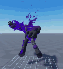 a computer generated image of a robot with purple paint coming out of it 's body .