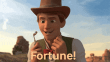 a man in a cowboy hat is smiling and holding a spoon with the word fortune behind him