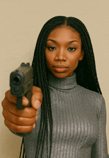a woman is pointing a gun at the camera