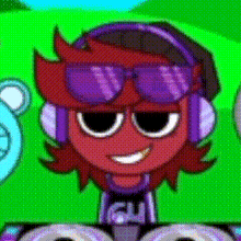 a cartoon character wearing headphones and sunglasses with the word gm on his shirt