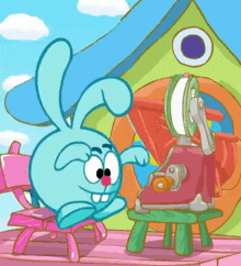 a cartoon rabbit is sitting in a pink chair