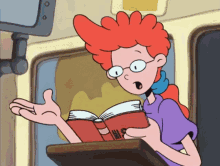 a cartoon of a woman reading a book that says ' s ' on it