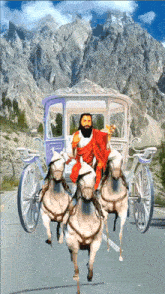 jesus is riding a horse drawn carriage on a road