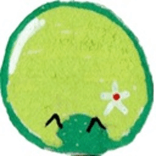 a cartoon drawing of a green ball with a white flower on it .