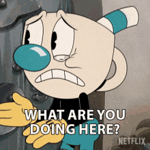 What Are You Doing Here Mugman GIF - What Are You Doing Here Mugman The Cuphead Show GIFs