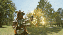a man in a cowboy outfit holds a gun in a park