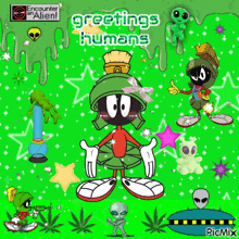 a cartoon of marvin the martian surrounded by aliens and marijuana leaves