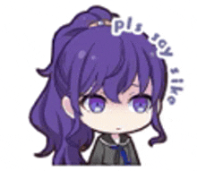 a chibi girl with purple hair and blue eyes is wearing a school uniform and a ponytail .