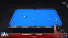 a pool table with us open written on the top