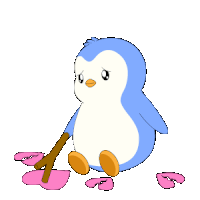 a penguin is sitting on the ground holding a branch and a pair of pink shoes