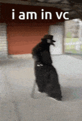 a man in a plague doctor costume is walking down a sidewalk with the words i am in vc above him .