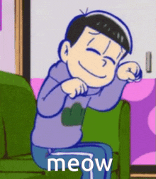 a cartoon character is sitting on a green couch with his eyes closed and making a cat face .
