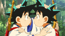 a cartoon drawing of two boys kissing each other in a forest