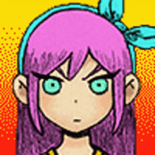 a cartoon girl with purple hair and blue eyes is making a funny face .