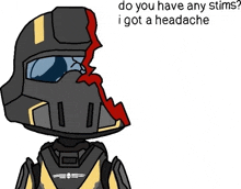 a cartoon of a soldier with a broken helmet and the words do you have any stims i got a headache