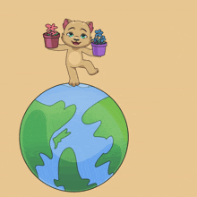 a cartoon cat is standing on top of a globe holding two potted plants