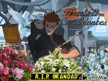 a picture of a man sitting in a chair with flowers and the words heartfelt condolences