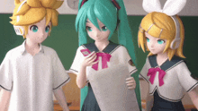 three anime characters are standing in a classroom and one of them is holding a cell phone