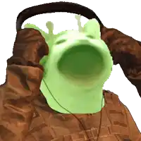 a person wearing headphones with a green frog on their head