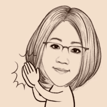 a black and white drawing of a woman with glasses clapping her hands .
