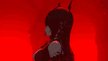 a girl with long black hair is standing in front of a red wall .