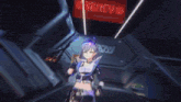 a person is holding a purple and blue weapon that looks like a robot