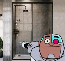 a cartoon character with a red nose is standing in a bathroom