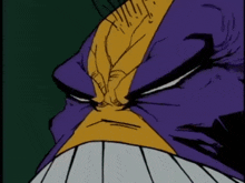 a close up of a cartoon character 's face with a purple mask