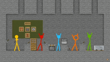a group of stick figures are standing in front of a sign that says ' outfits '