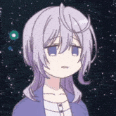 a drawing of a girl with purple hair and a blue shirt