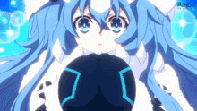 a girl with blue hair is holding a black object in her hands