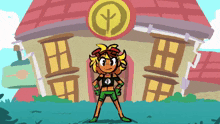 a cartoon character is standing in front of a building with a tree in the center